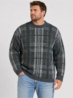 Vintage Hand Knit Shetland Wool Sweater XL Gray Plaid Heavyweight Crewneck